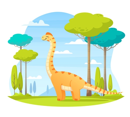 Dinosaurs cartoon composition with outdoor landscape clear sky and happy dinosaur character walking in the wild vector illustration