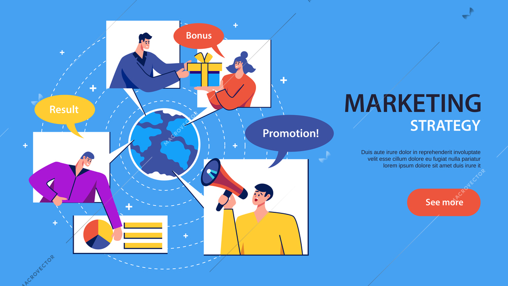 Flat horizontal banner with marketing strategy stages and human characters vector illustration
