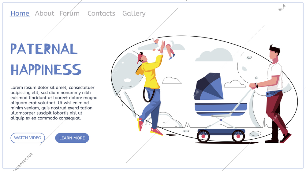 Dad web page flat web site landing page with human characters clickable links and editable text vector illustration