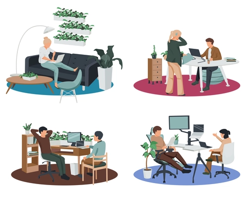 Contemporary workspace 4x1 flat icons set with employees sitting on comfortable furniture and using adjustable devices isolated vector illustration