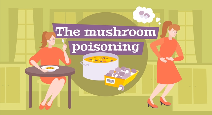 Mushrooms dangerous composition with text and images of food with mushrooms and women thinking of poisoning vector illustration