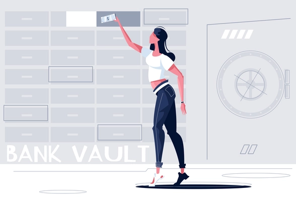 Bank safe flat composition with vault hall scenery text and female character putting money in box vector illustration