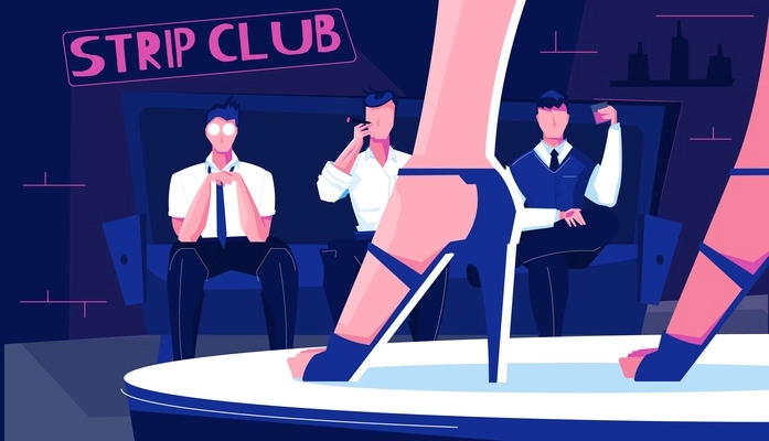 Night club striptease indoor composition with human characters of sitting men and dancefloor with high heels vector illustration
