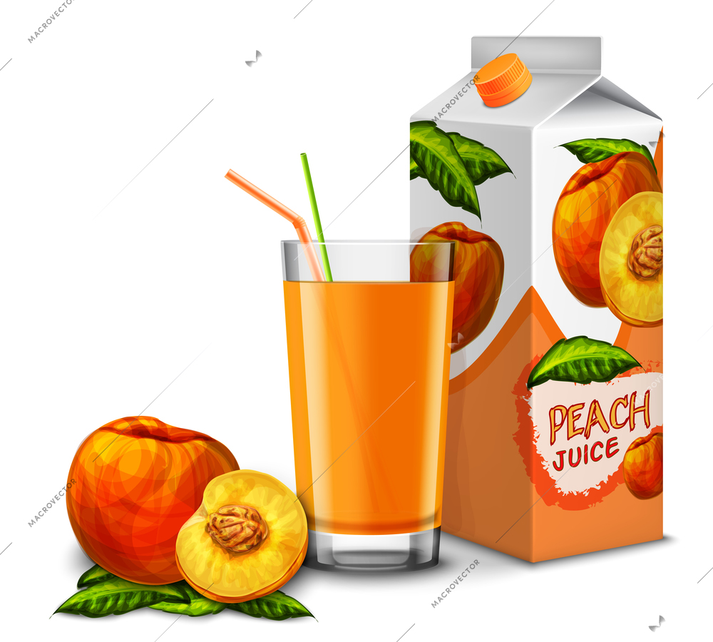 Realistic peach juice glass with cocktail straw and paper pack isolated on white background vector illustration