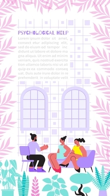 Psychological help vertical flat banner with text field and two women talking to male psychologist vector illustration