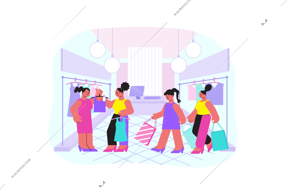 Friend woman shopping flat composition with indoor mall scenery clothes hangers and female characters with bags vector illustration