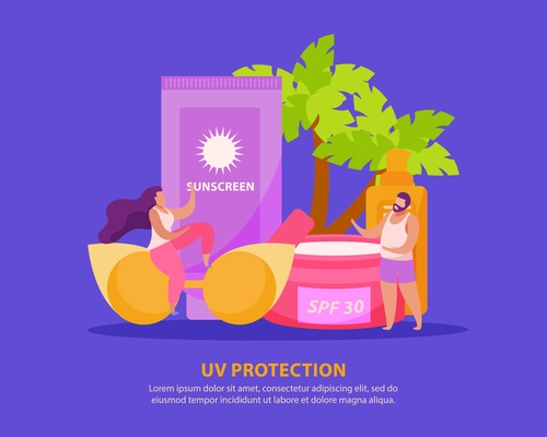 Sunscreen skin care flat background with images of sun creams and sunglasses with doodle human characters vector illustration