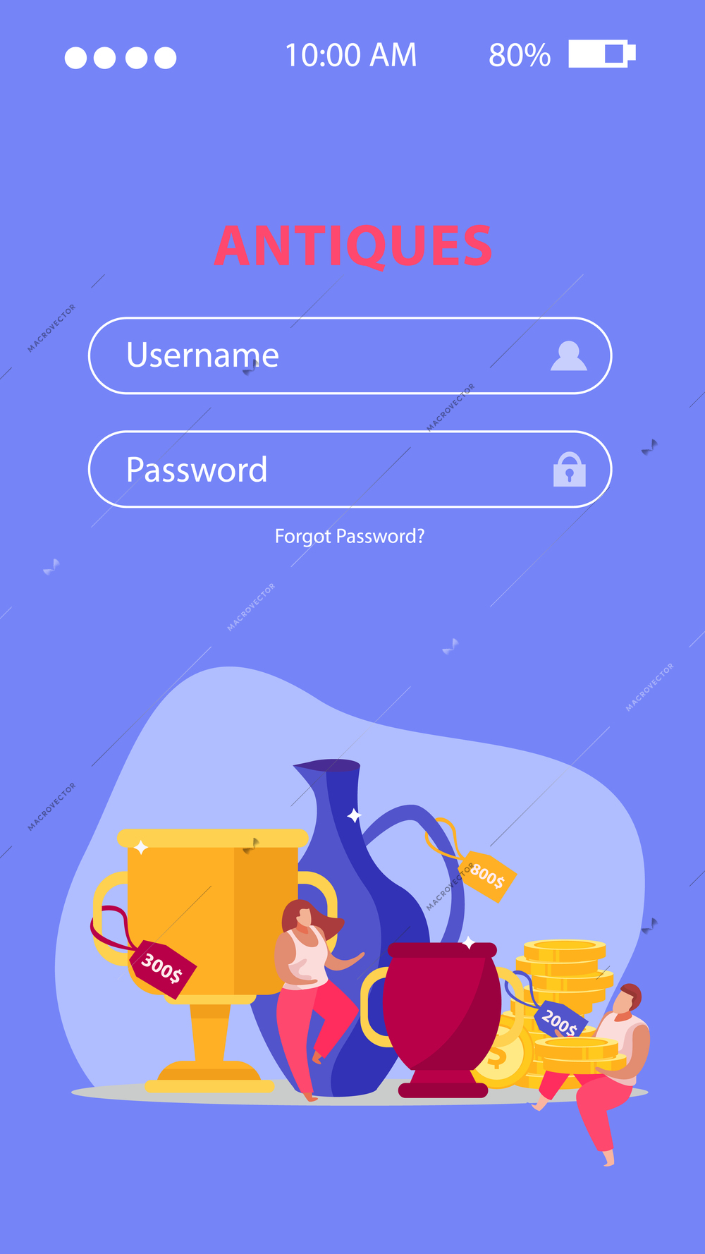 Pawnshop flat vertical background with fields for typing username and password with doodle images and people vector illustration