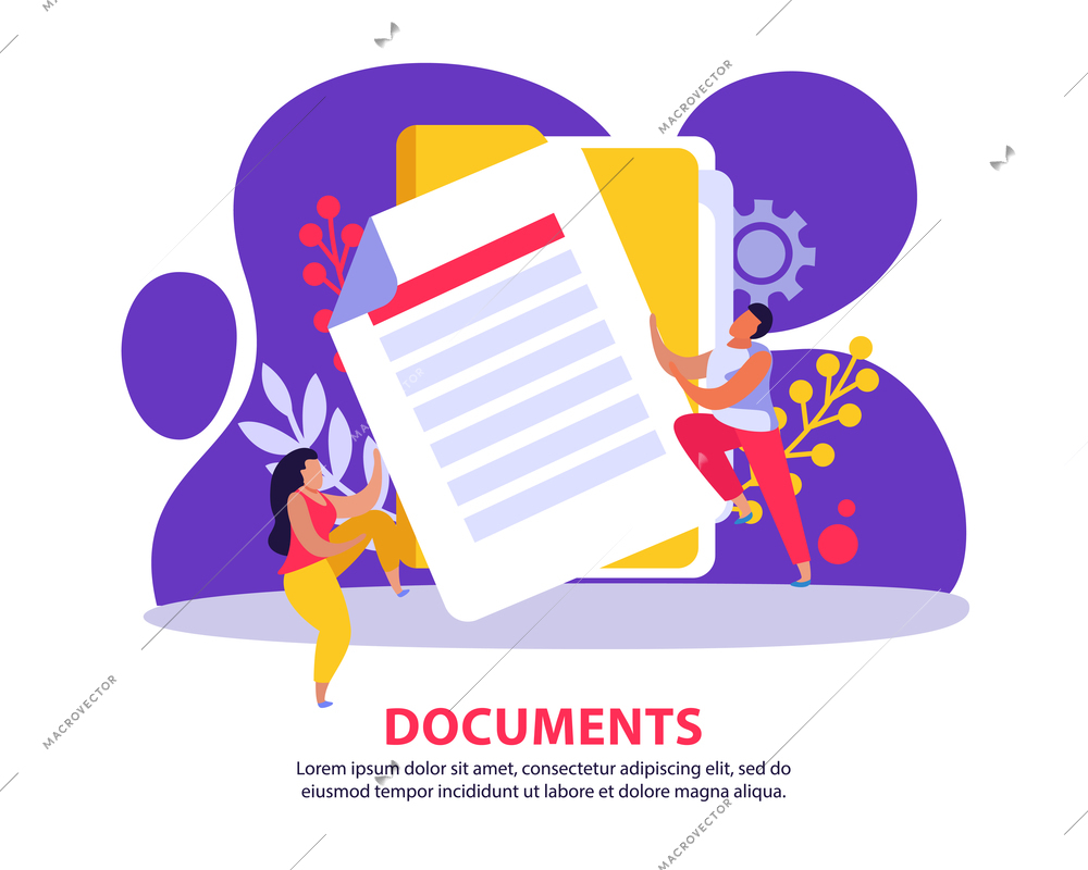 Employment service and employment documents flat background with images of paper sheet with doodle style people vector illustration