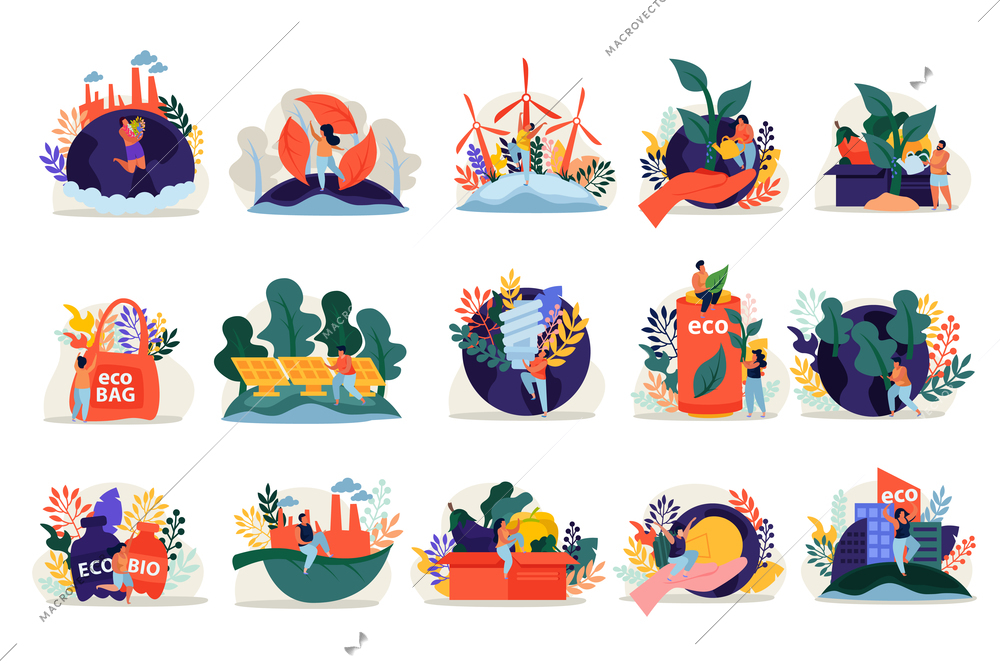 Ecology and save nature concept flat recolor set of isolated icons human characters and eco images vector illustration
