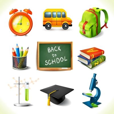 Realistic back to school education icons set of alarm clock bus backpack isolated vector illustration