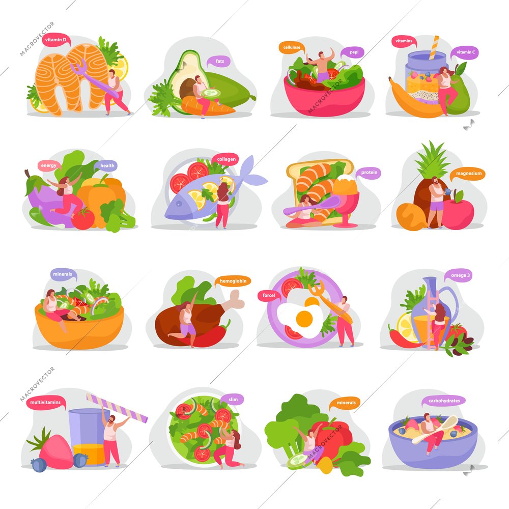 Healthy and super food flat icons set with isolated images of organic products dishes and people vector illustration