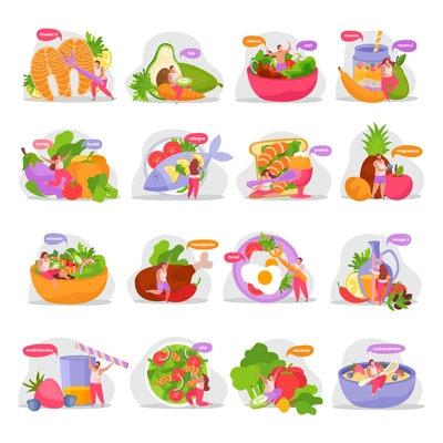 Healthy and super food flat icons set with isolated images of organic products dishes and people vector illustration