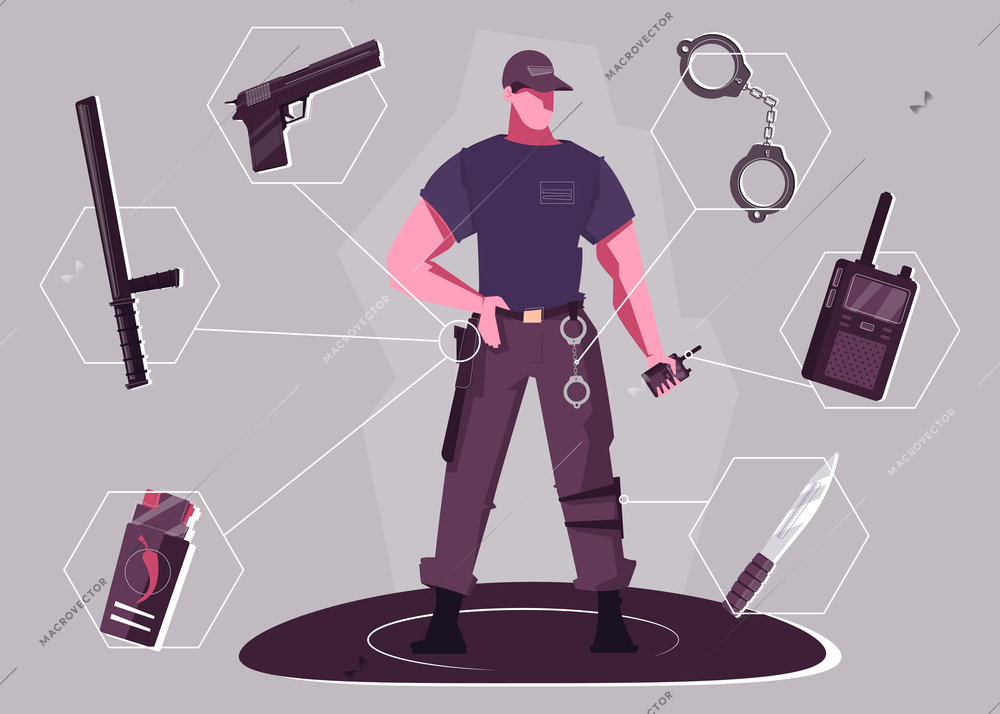 Security man flat design concept with brutal man in alert standing position holding portable radio and handcuffs vector illustration