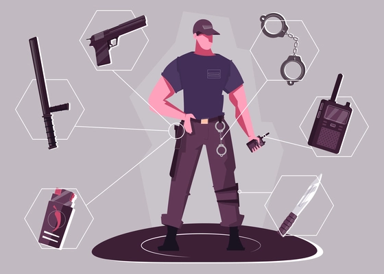 Security man flat design concept with brutal man in alert standing position holding portable radio and handcuffs vector illustration