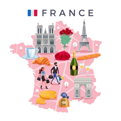 France travel concept with flag map and sights flat vector illustration