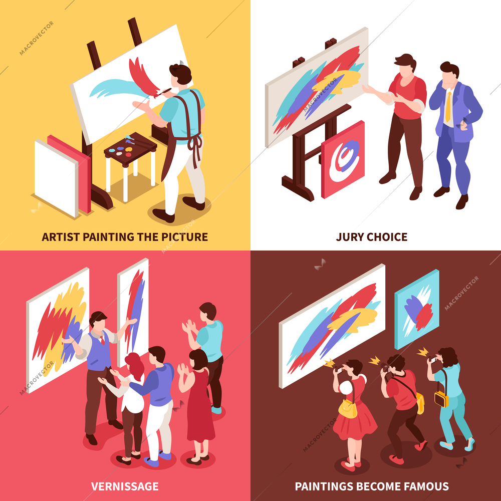 Isometric art gallery design concept with 2x2 set of compositions with exhibition participants artists and paintings vector illustration