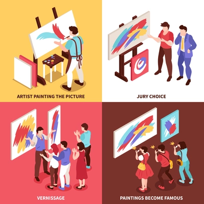 Isometric art gallery design concept with 2x2 set of compositions with exhibition participants artists and paintings vector illustration