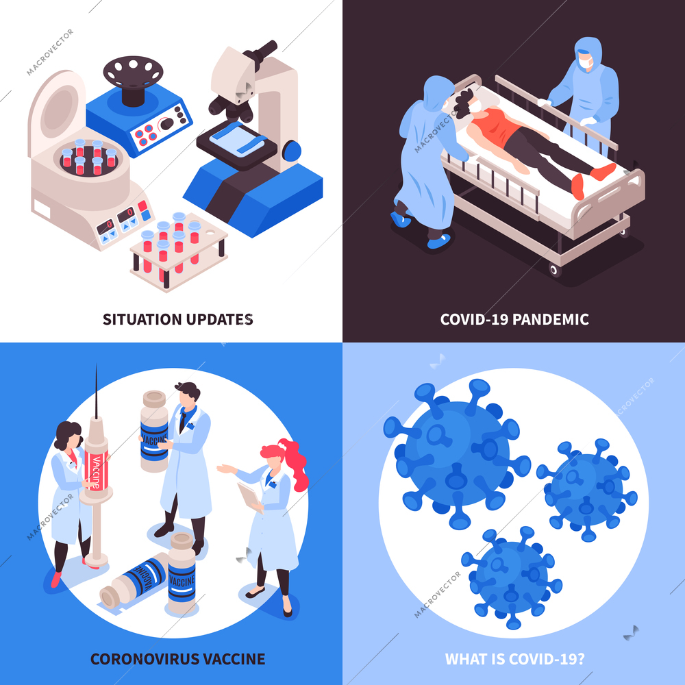 Isometric vaccination coronavirus design concept with 2x2 compositions of virus bacteria images doctors and lab equipment vector illustration