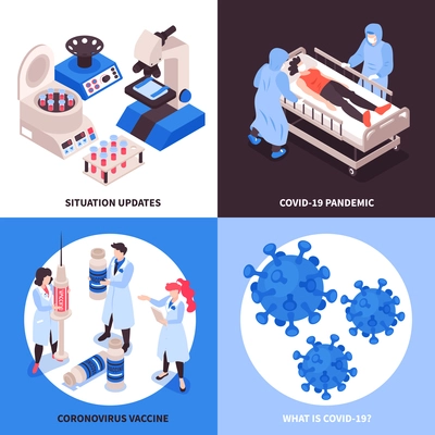 Isometric vaccination coronavirus design concept with 2x2 compositions of virus bacteria images doctors and lab equipment vector illustration