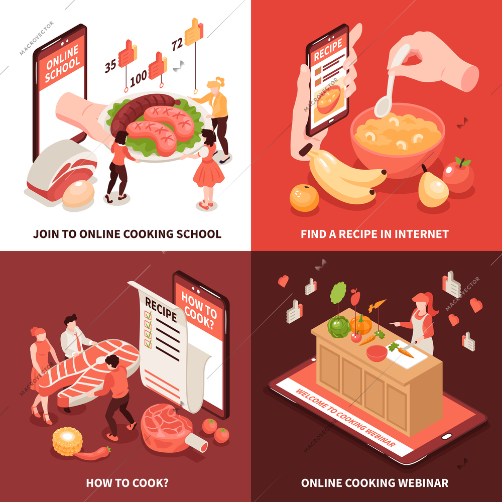 Isometric cooking school blog design concept with images of ripe food ready dishes recipe and gadgets vector illustration