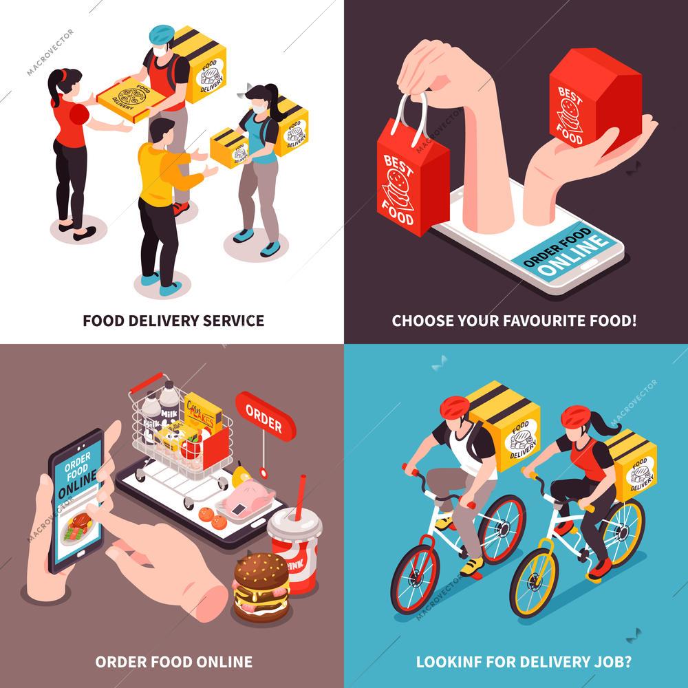 Isometric delivery food design concept with 2x2 compositions set text captions and images of fastfood meal vector illustration