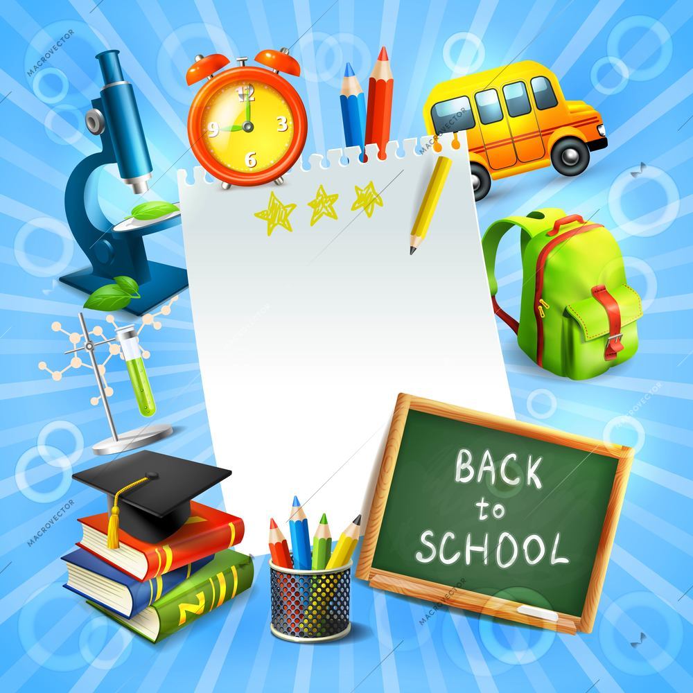 Realistic back to school concept template with education icons vector illustration