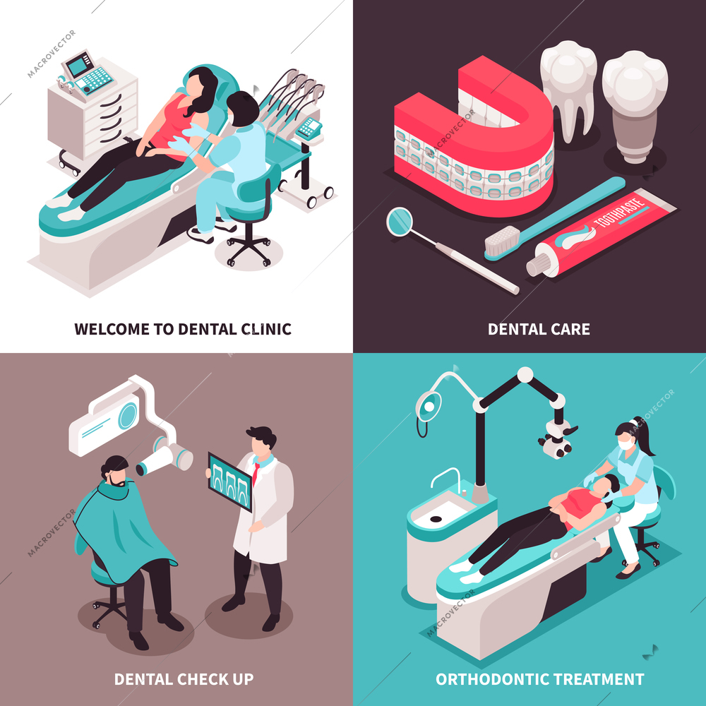 Isometric dantist design concept with 2x2 set of dental clinic compositions with dentist characters and equipment vector illustration