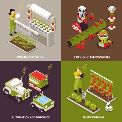 Isometric smart farm design concept with 2x2 set of compositions with text captions robots and farmers vector illustration