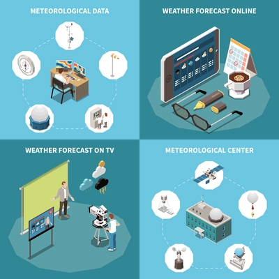 Weather forecast isometric concept icons set with forecast online symbols isolated vector illustration