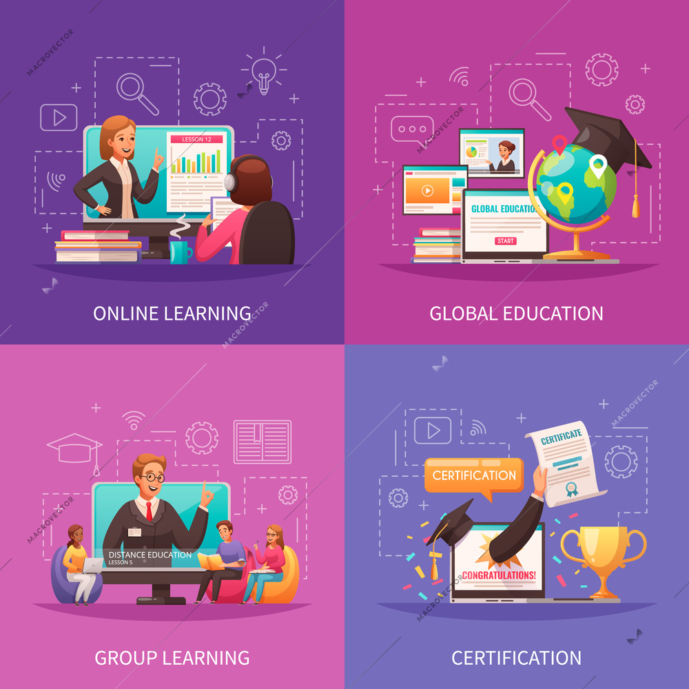 Online global education distant learning certificate programs concept 4 colorful cartoon outlined background style compositions vector illustration