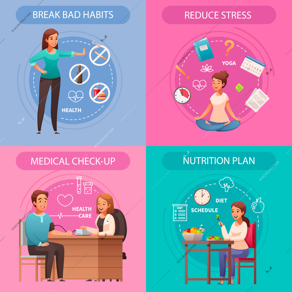 Healthy lifestyle concept 4 cartoon compositions with bad habits breaking stress reducing medical checkup nutrition vector illustration