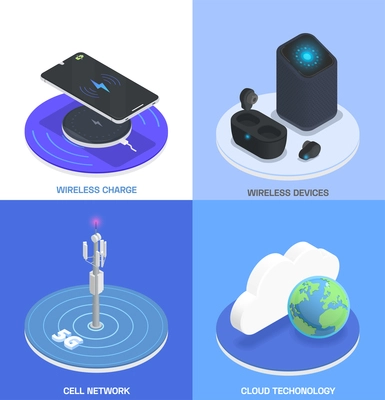 Wireless technologies isometric colored icon set with wireless charge devices network and cloud technology descriptions vector illustration