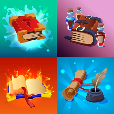 Magic book cartoon concept icons set with scrolls and potions isolated  vector illustration