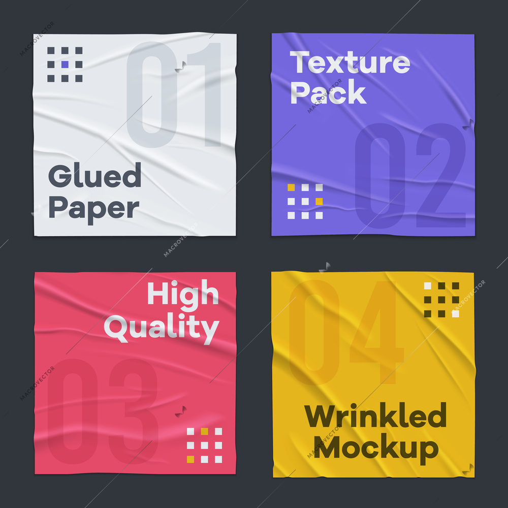 Badly glued wrinkled crumpled 4 colorful square paper sheets texture banners set black background realistic vector illustration