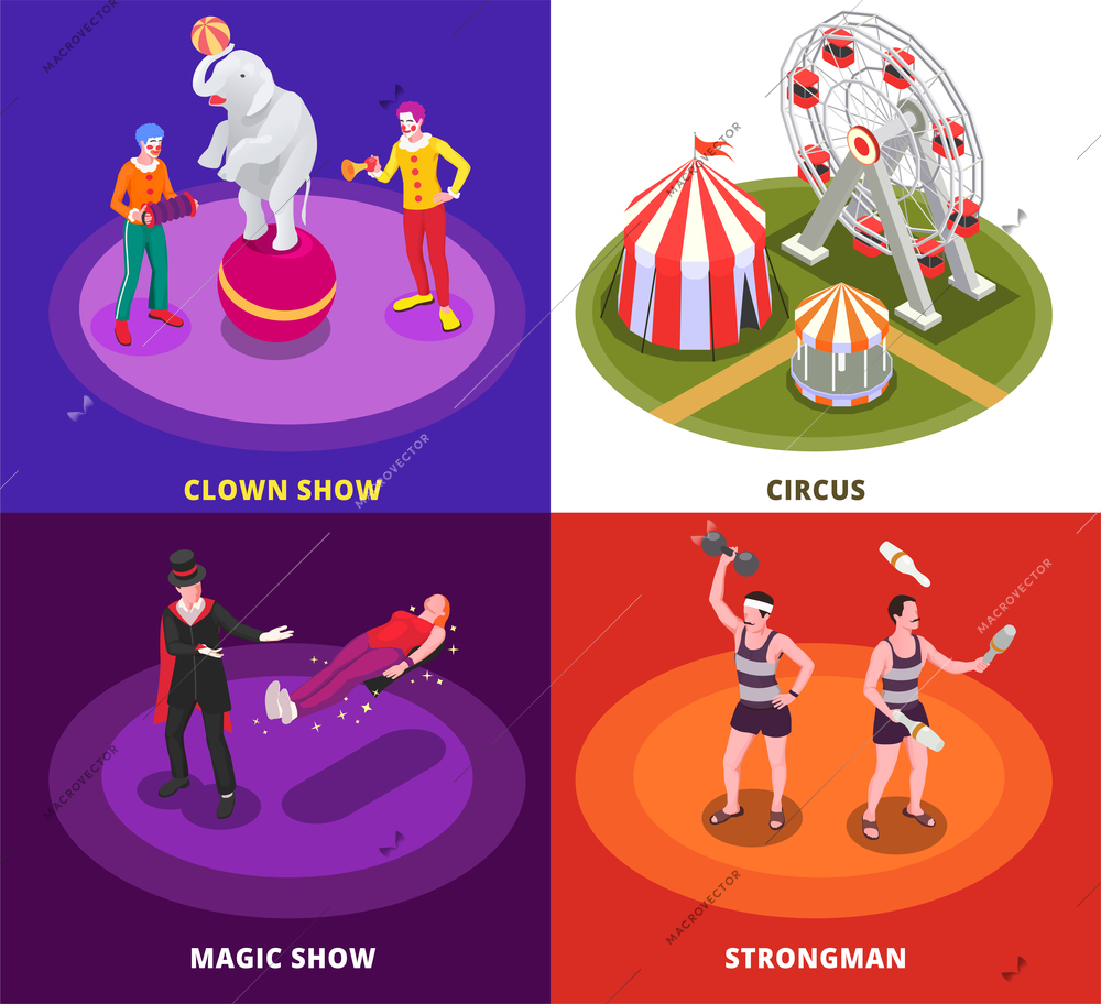 Circus concept isometric icons set with magic show symbols isolated vector illustration