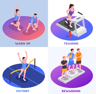 Running people concept icons set with victory and training symbols  isometric isolated vector illustration