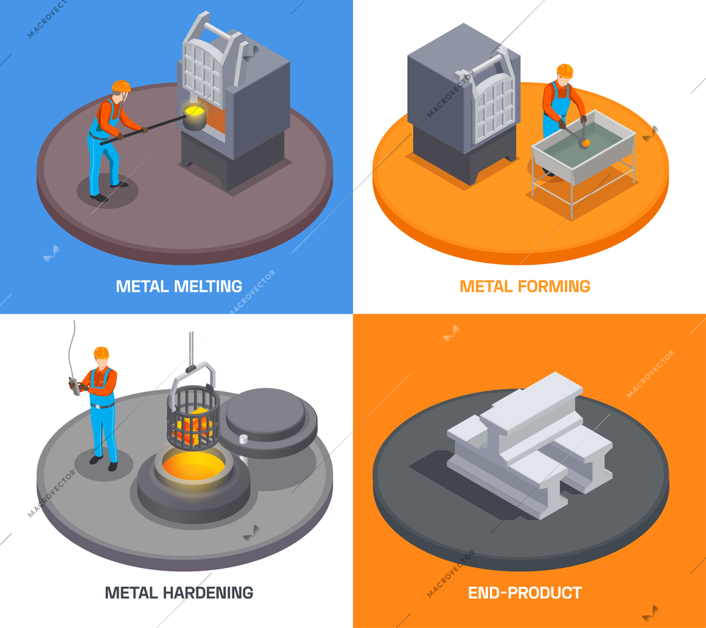 Metallurgy foundry industry isometric design concept with text and people operating metal melting and hardening facilities vector illustration