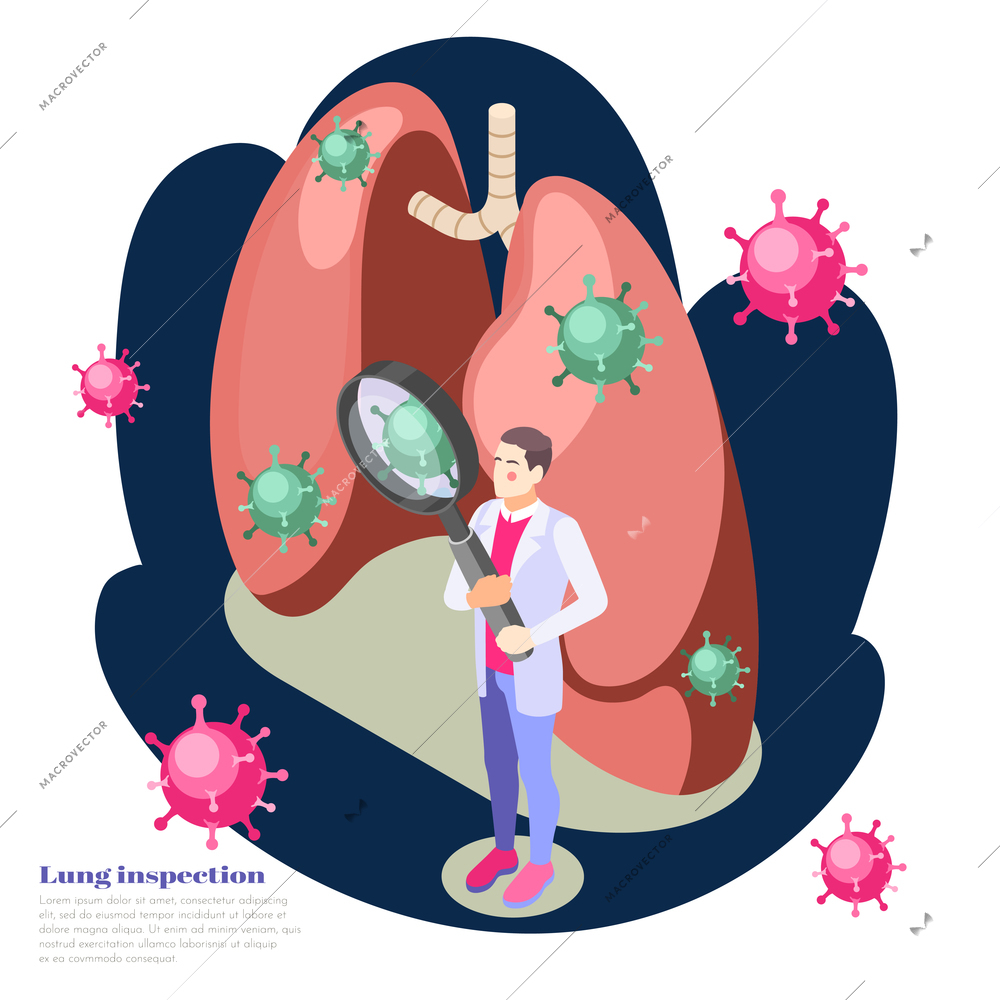 Lung inspection concept with virus treatment symbols isometric vector illustration