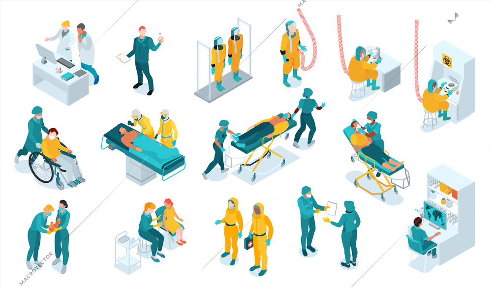 Infectious disease isometric set with virologist symbols isolated vector illustration