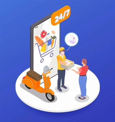 Delivery company isometric composition with round platform smartphone and worker with parcel customer and scooter images vector illustration