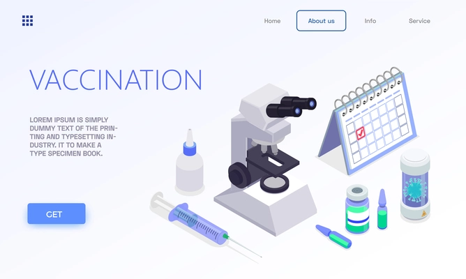 Vaccination isometric web site landing page with clickable buttons links editable text and medical appliance icons vector illustration