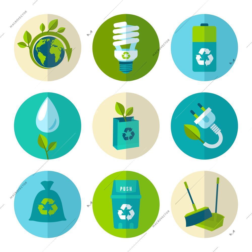 Ecology and waste flat icons set of trash recycling conservation isolated vector illustration.