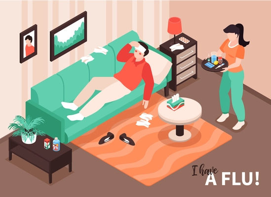 Isometric cold flu virus sick composition with home interior scenery and patient on sofa having temperature vector illustration