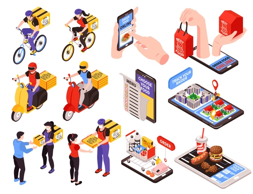 Online food delivery service isometric set with smartphone menu scooter bike couriers handing over orders smartphone illustration