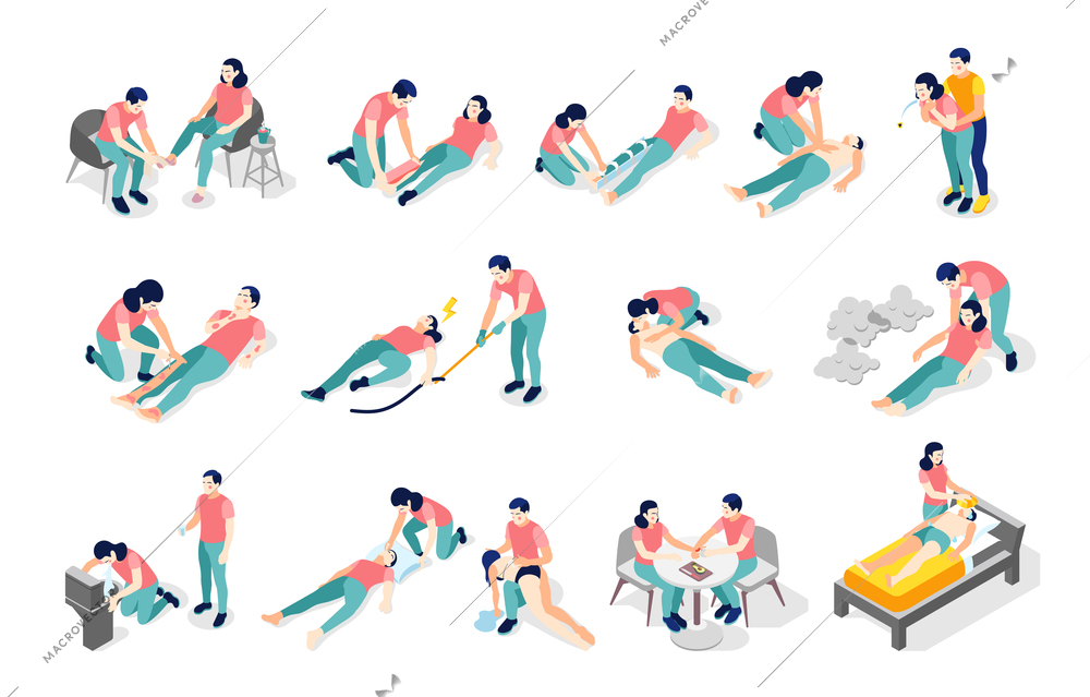 Emergency first aid isometric recolor set with broken bones fractures burns cuts bites poisoning chocking vector illustration