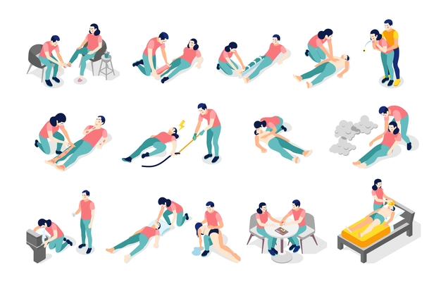 Emergency first aid isometric recolor set with broken bones fractures burns cuts bites poisoning chocking vector illustration