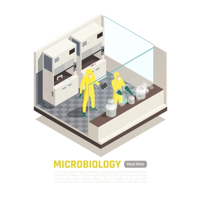 Microbiology isometric composition with people in yellow protective suits doing research in laboratory 3d vector illustration