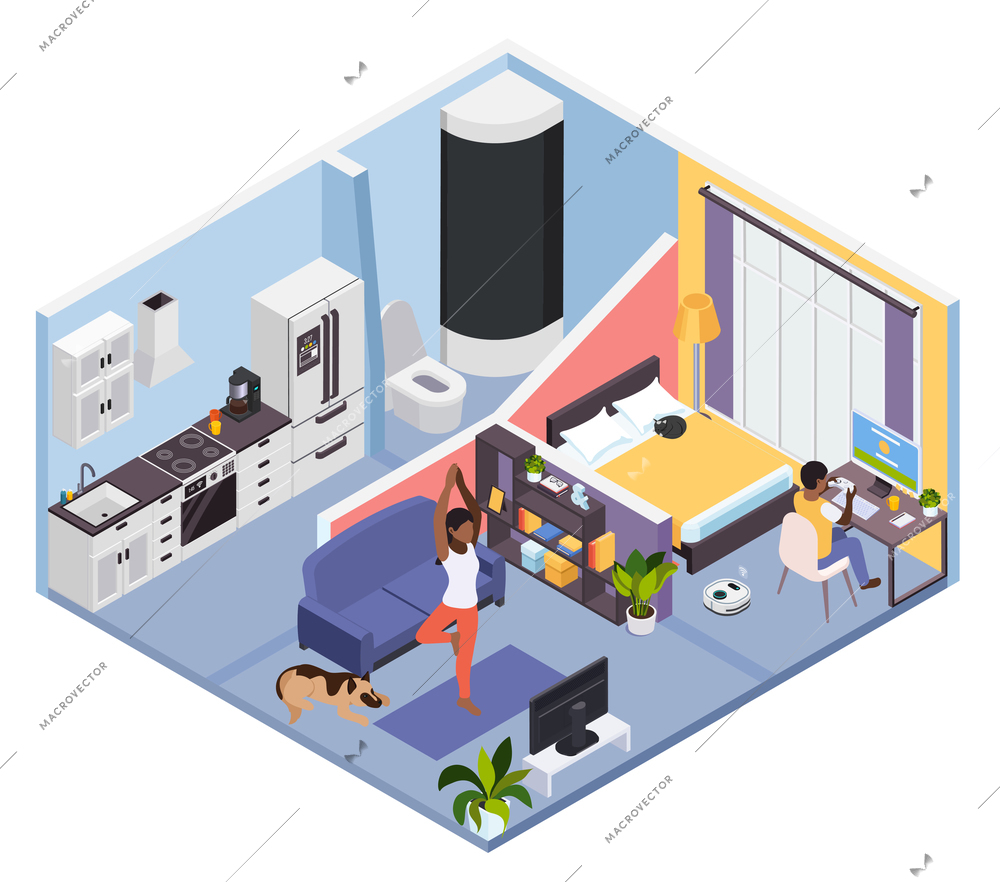 Working distantly following gym program online during corona virus stay home isometric apartment interior vector illustration