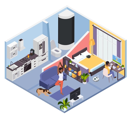 Working distantly following gym program online during corona virus stay home isometric apartment interior vector illustration